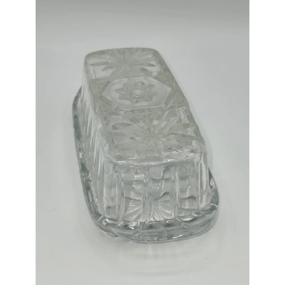 Vintage Pressed Glass Butter Dish With Lid Starburst Pattern Clear‎ Rectangle